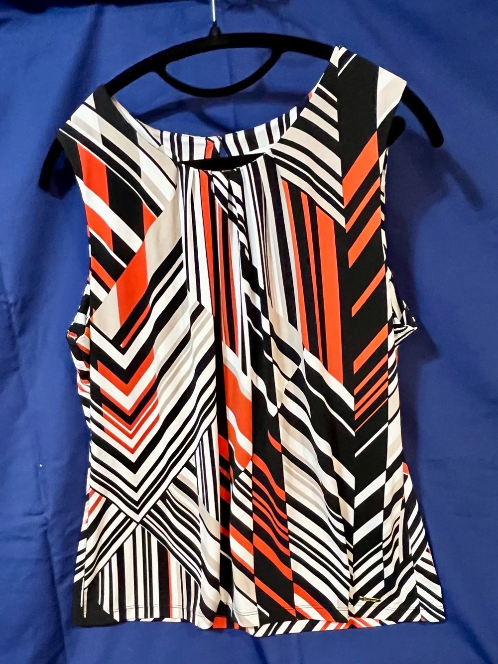 Calvin Klein XL Geometric Sleeveless Blouse Black White Red-Orange Taupe Stripes